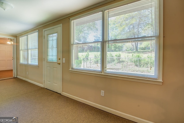 doorway to outside with light carpet and a healthy amount of sunlight