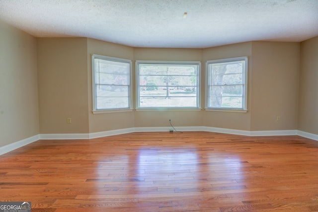 unfurnished room with light hardwood / wood-style floors and a textured ceiling