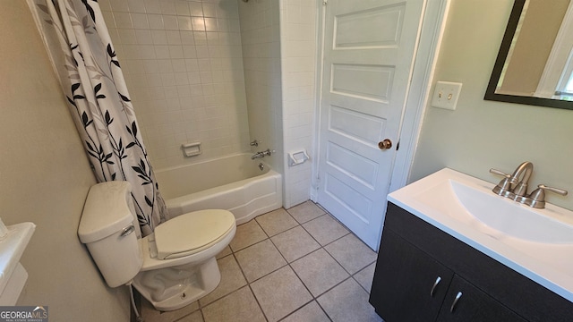 full bathroom featuring tile flooring, oversized vanity, toilet, and shower / bath combo with shower curtain