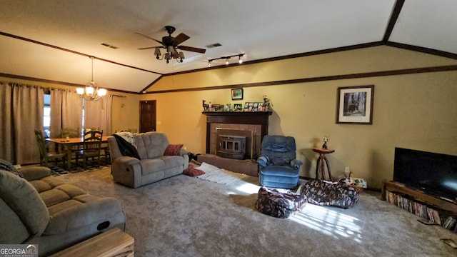 living room with carpet floors, ceiling fan with notable chandelier, a tile fireplace, and lofted ceiling