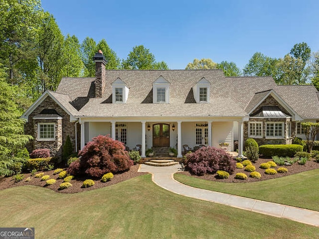 cape cod house with a front lawn and covered porch