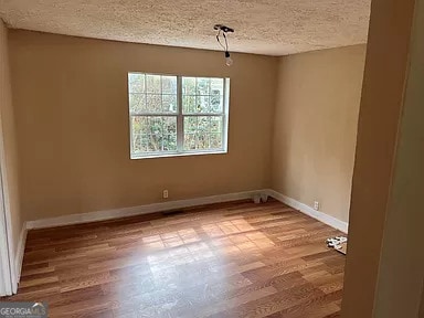 unfurnished room with a textured ceiling and wood-type flooring