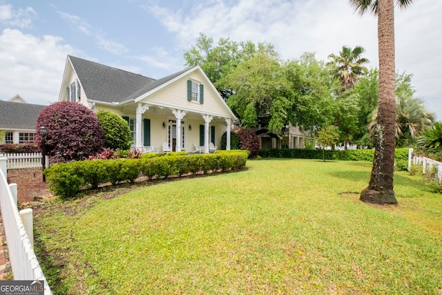 view of front of house with covered porch and a front lawn