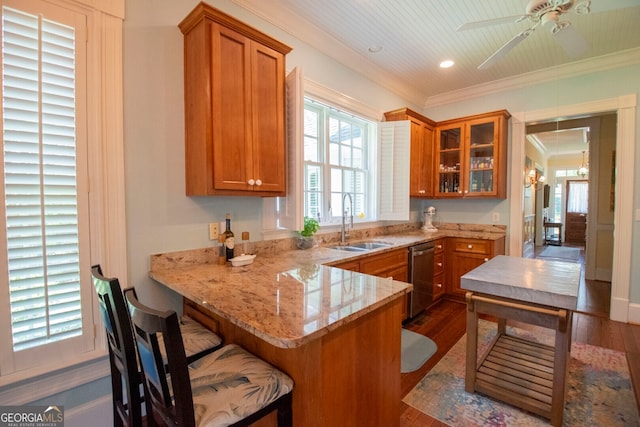 kitchen featuring kitchen peninsula, dark hardwood / wood-style flooring, stainless steel dishwasher, crown molding, and sink