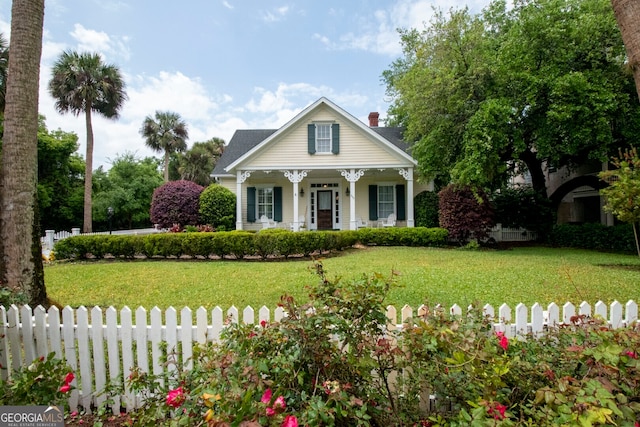 view of front facade featuring covered porch and a front lawn