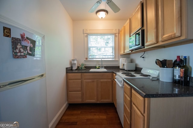 kitchen with ceiling fan, sink, dark wood-type flooring, and white appliances