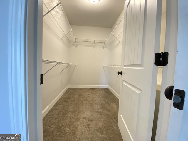 walk in closet with dark carpet