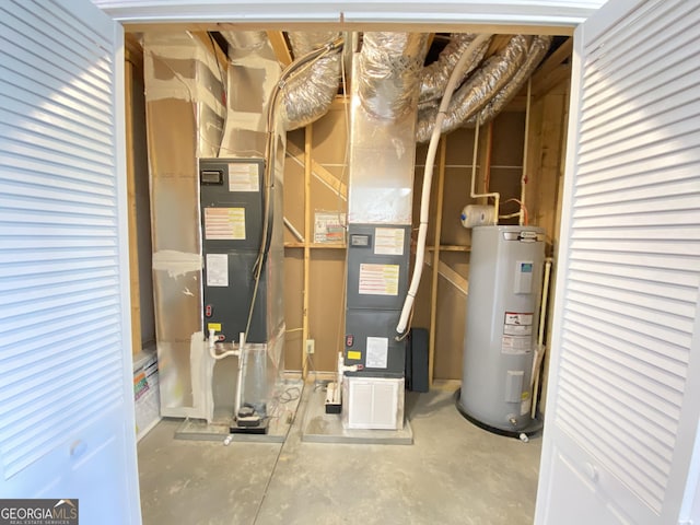 utility room featuring heating unit and electric water heater