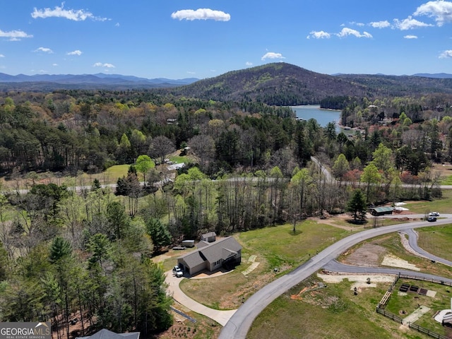 aerial view featuring a water and mountain view