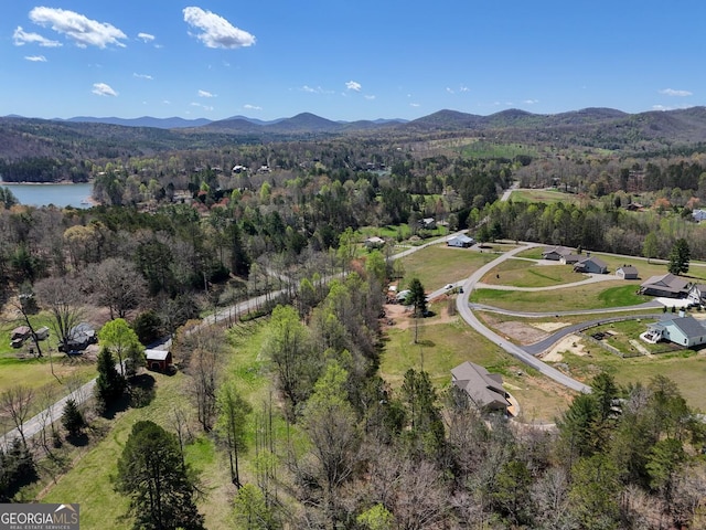 bird's eye view featuring a water and mountain view