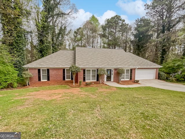 single story home with a garage and a front yard