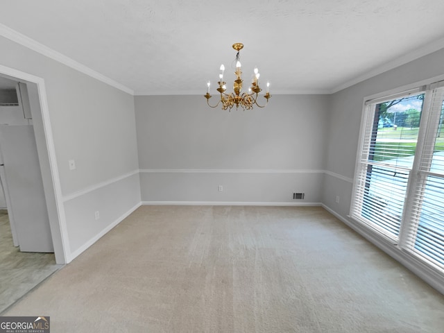 empty room with light colored carpet, a notable chandelier, and crown molding