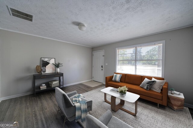 living room featuring ornamental molding, wood-type flooring, and a textured ceiling