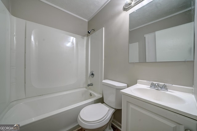 full bath with shower / washtub combination, toilet, a textured ceiling, and vanity