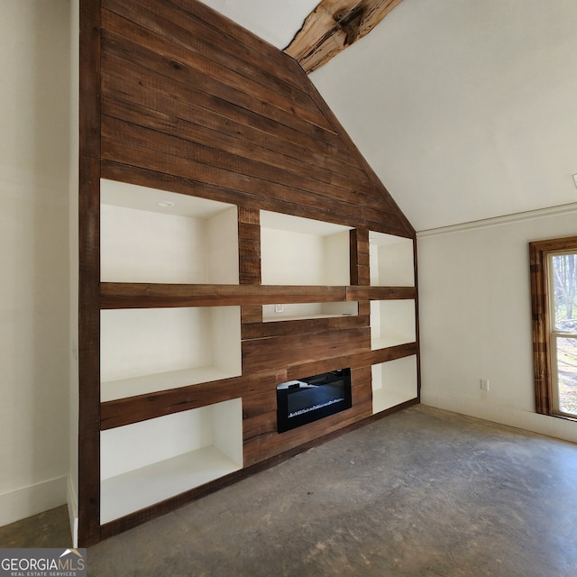 unfurnished living room with wood walls, vaulted ceiling, and brick wall