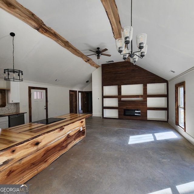 interior space with ceiling fan with notable chandelier and vaulted ceiling