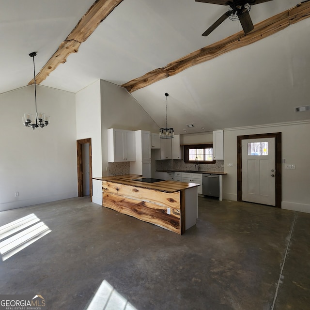 kitchen with backsplash, pendant lighting, white cabinets, and stainless steel dishwasher