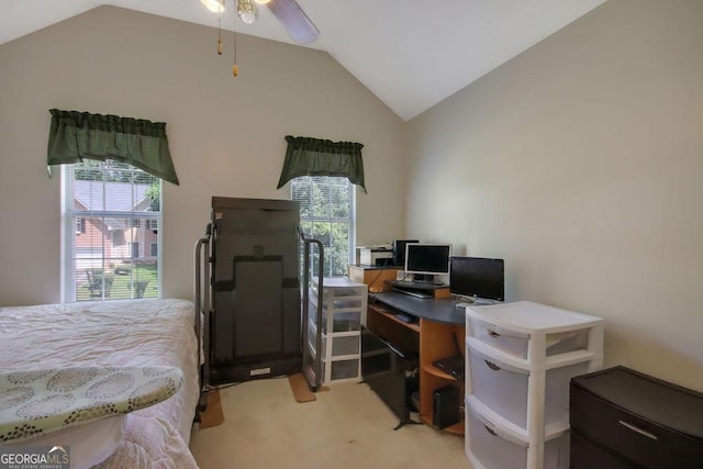 carpeted bedroom featuring ceiling fan and lofted ceiling