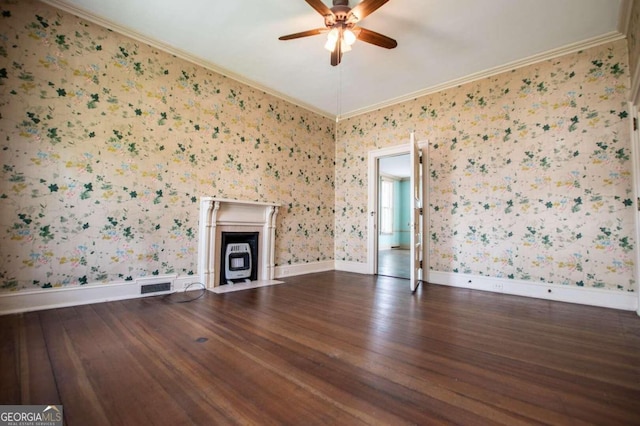 unfurnished living room featuring ornamental molding, wood-type flooring, and ceiling fan