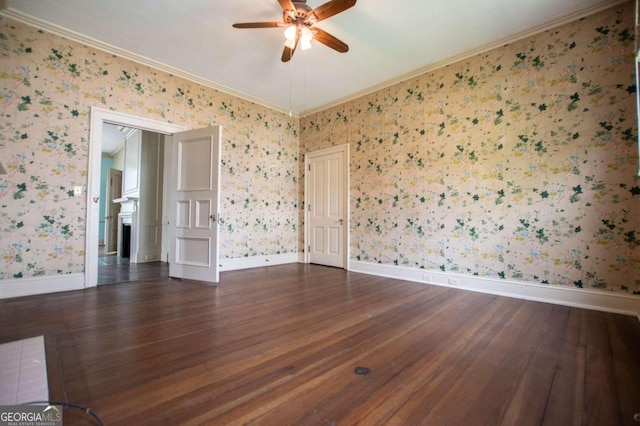 unfurnished room featuring crown molding, hardwood / wood-style floors, and ceiling fan