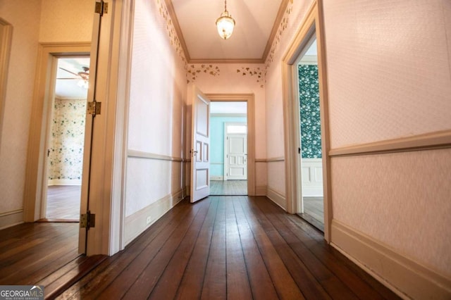 315 Dixie St, Carrollton, GA 30117 - corridor featuring wallpapered walls, ornamental molding, and dark wood finished floors