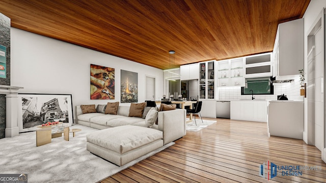 living room with sink, light hardwood / wood-style flooring, and wood ceiling