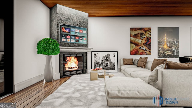 living room featuring hardwood / wood-style floors, a tile fireplace, and wood ceiling