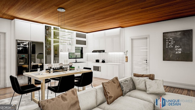 kitchen featuring white cabinets, wooden ceiling, and backsplash