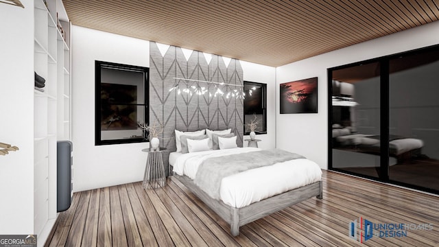 bedroom featuring wood-type flooring and wooden ceiling