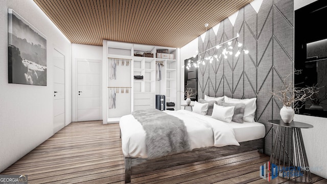 bedroom with hardwood / wood-style floors and wooden ceiling