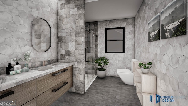 bathroom featuring a shower, tile walls, vanity, and toilet