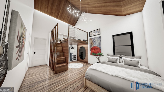 bedroom featuring hardwood / wood-style flooring, track lighting, high vaulted ceiling, and wooden ceiling