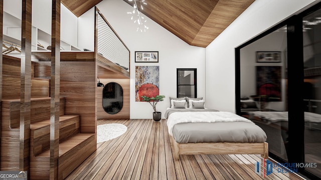 bedroom with hardwood / wood-style flooring and an inviting chandelier