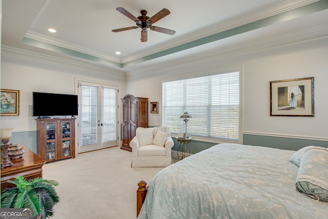 bedroom featuring access to outside, carpet floors, ornamental molding, a raised ceiling, and ceiling fan