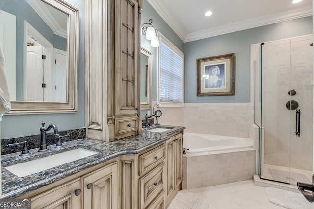 bathroom with ornamental molding, shower with separate bathtub, double vanity, and tile flooring