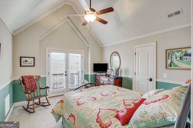 carpeted bedroom with ornamental molding, vaulted ceiling, ceiling fan, and access to exterior