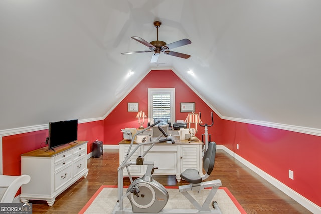 office featuring ornamental molding, wood-type flooring, ceiling fan, and lofted ceiling