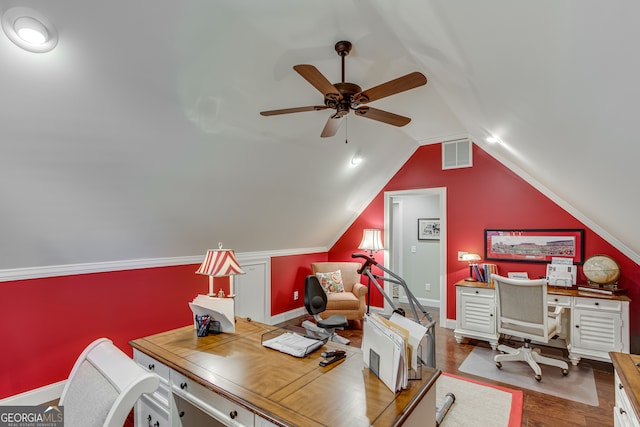 home office featuring wood-type flooring, ceiling fan, and lofted ceiling