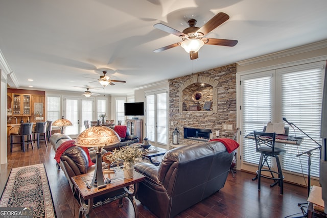 living room with plenty of natural light, dark hardwood / wood-style flooring, and ceiling fan