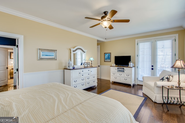 bedroom featuring french doors, crown molding, dark wood-type flooring, access to exterior, and ceiling fan