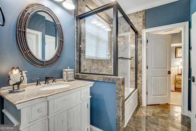 bathroom featuring crown molding, enclosed tub / shower combo, tile floors, and vanity