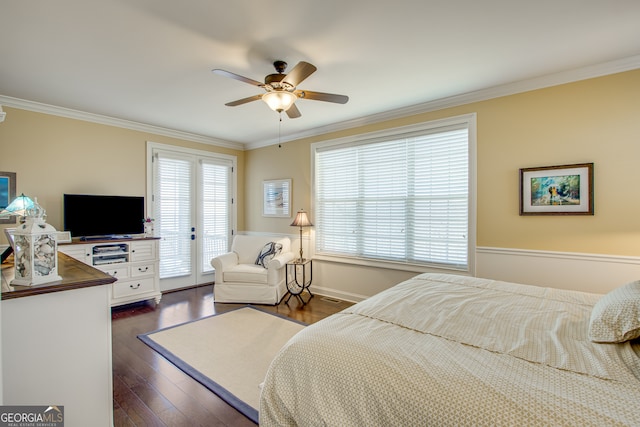 bedroom with crown molding, dark wood-type flooring, ceiling fan, and access to outside