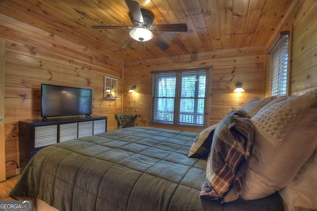 bedroom with wood-type flooring, wood walls, and wooden ceiling