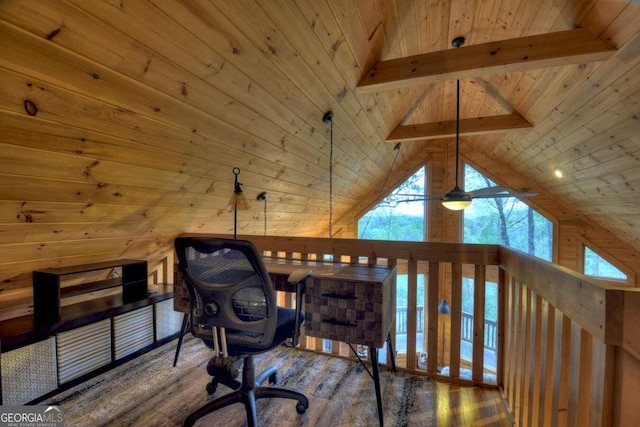 office featuring wooden ceiling, hardwood / wood-style floors, ceiling fan, and vaulted ceiling with beams