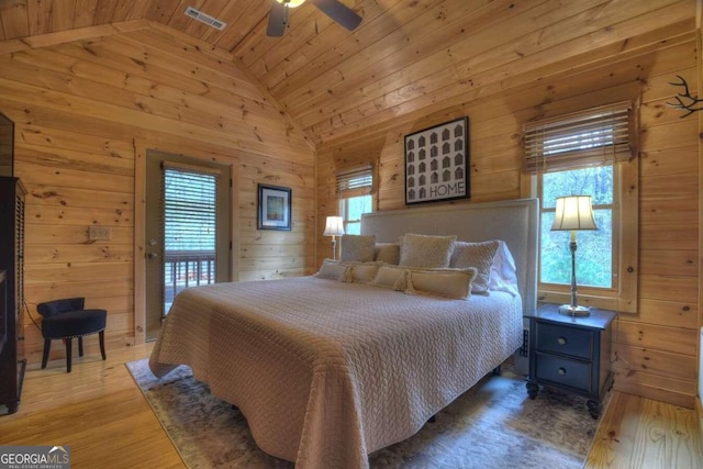 bedroom featuring wood-type flooring, wooden ceiling, and wooden walls