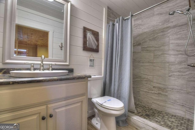 bathroom featuring walk in shower, toilet, and vanity