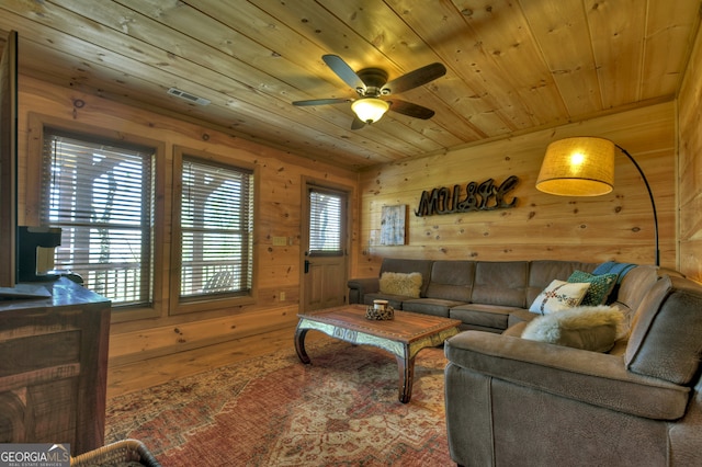 living room with ceiling fan, wooden walls, and wood ceiling