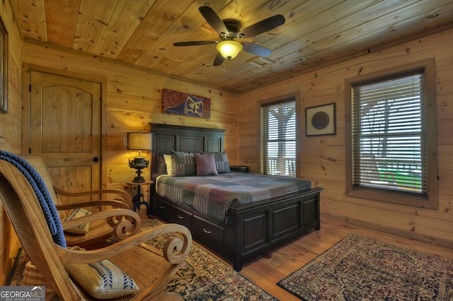 bedroom with wood-type flooring, ceiling fan, wooden walls, and wooden ceiling