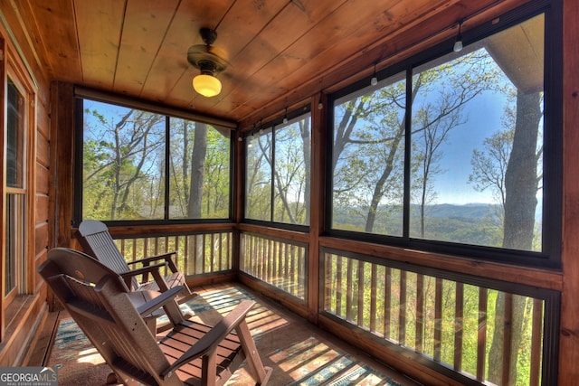 sunroom featuring wooden ceiling and ceiling fan