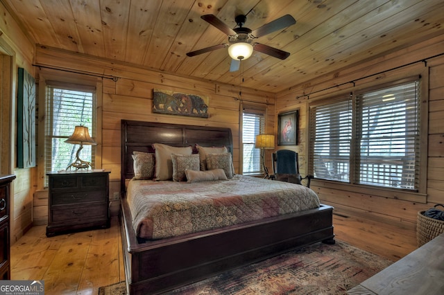 bedroom with hardwood / wood-style flooring, wood ceiling, wooden walls, and ceiling fan